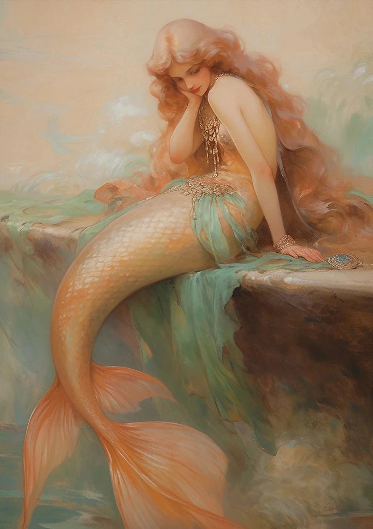 Vintage Mermaid on the Reef Canvas Wall Art Print Canvas Wall Art Qst 6 40x50cm Unframed