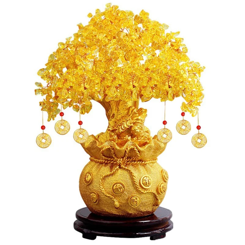 Yellow Crystal Money Tree Bonsai Feng Shui Wealth Ornament Decorative Ornament Qme gold
