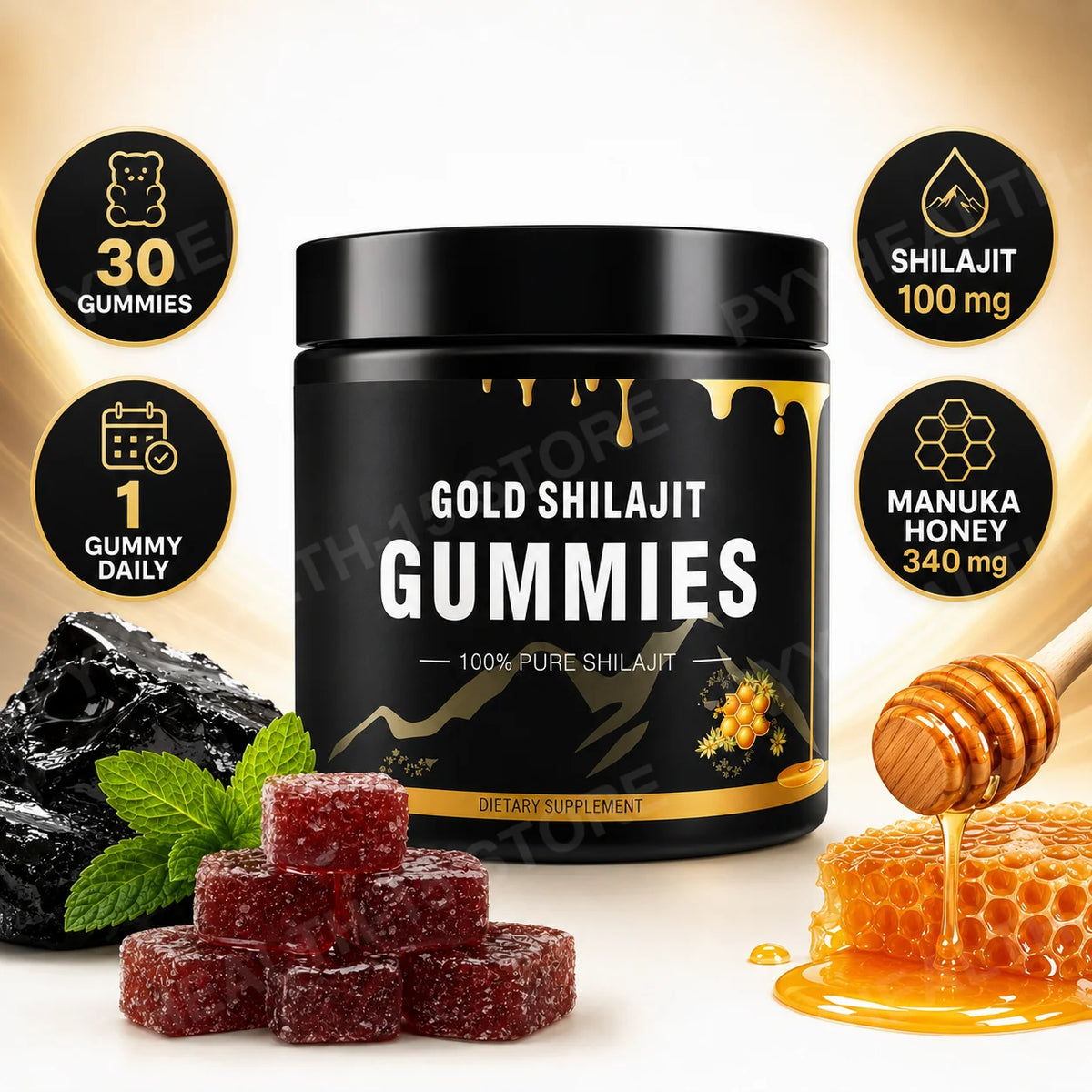 Shilajit Gummies with Manuka Honey | Energy & Focus, 100mg 30ct Wellness Gummy Supplement Qst