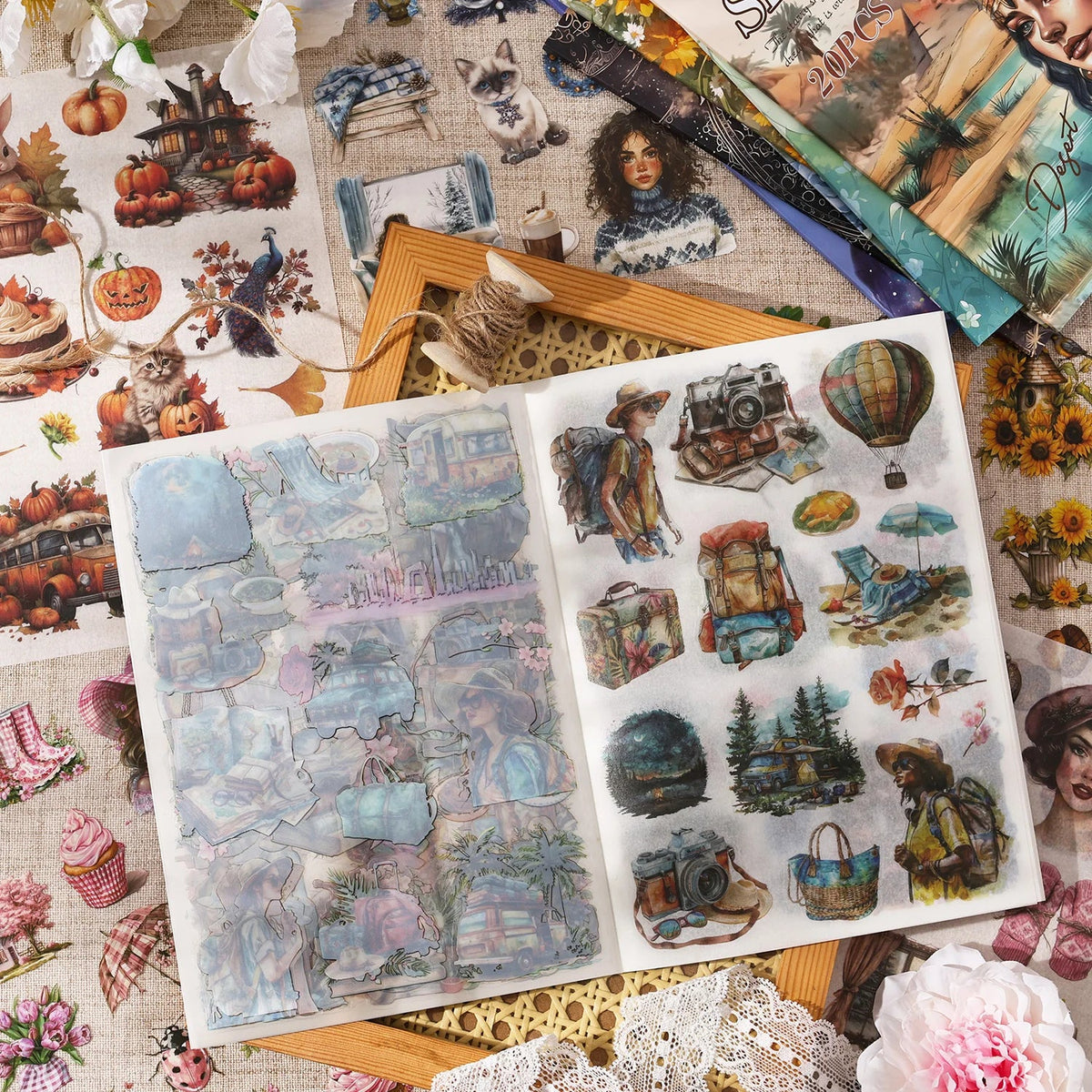 20-Sheet Retro Floral PET Die Cut Sticker Book – Handmade Die Cut Sticker Book Qme
