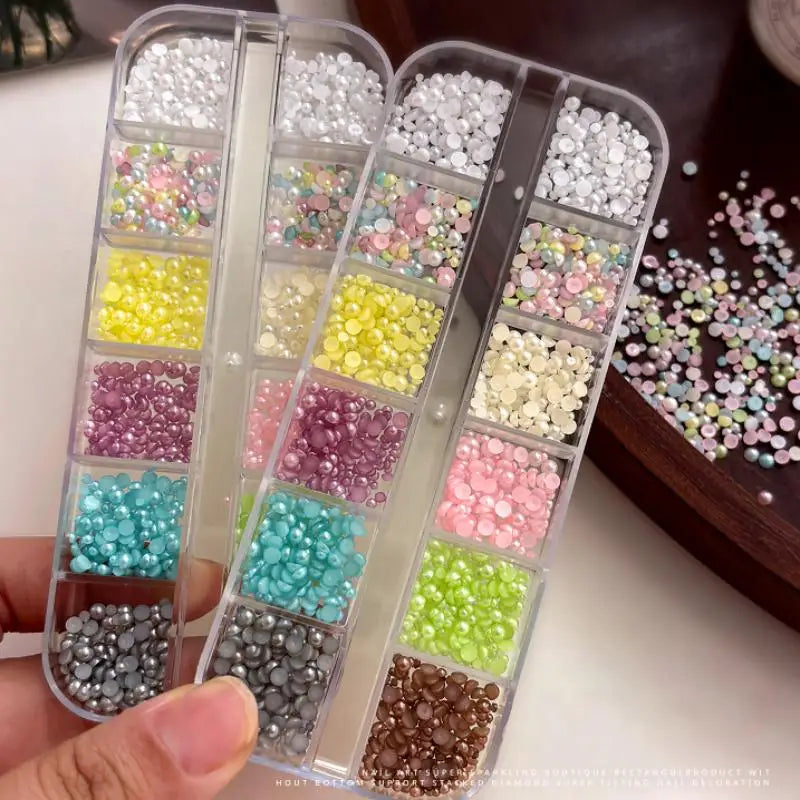 12-Grid Colorful Pearl Half-Round Beads for Nail Art & DIY Nail Art Beads Qme