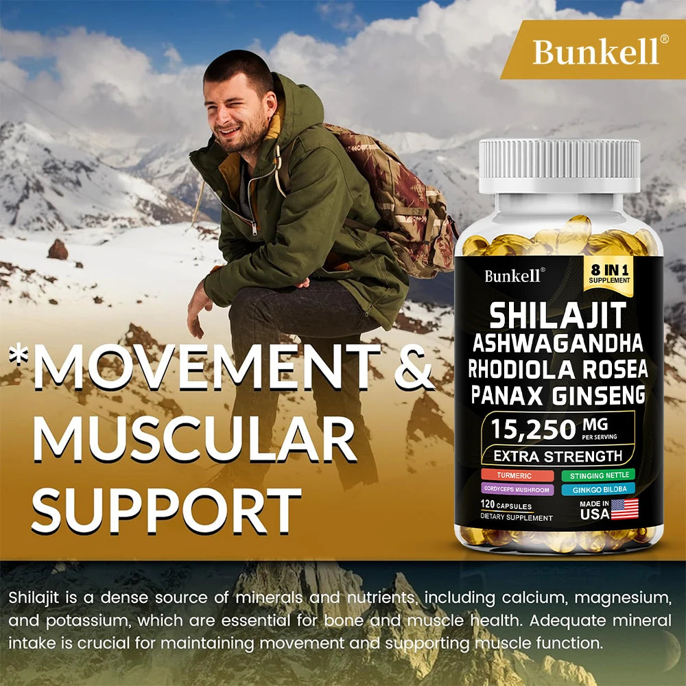 Shilajit 8-in-1 Capsules 15250mg – Ashwagandha Ginseng Turmeric Herbal Supplement Capsules Qst