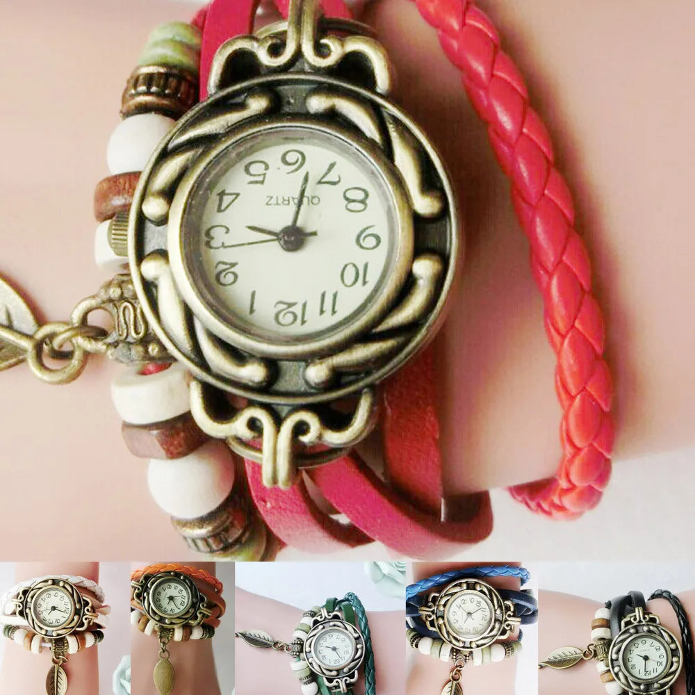 Women's Vintage Leather Wrap Bracelet Watch | Leaf Pendant Leather Bracelet Watch Qme