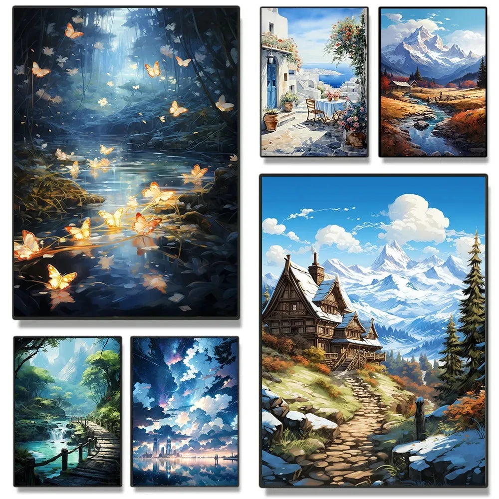Modern Lake Scene Watercolor Canvas Print | Wall Art Decor Canvas Wall Art Qst