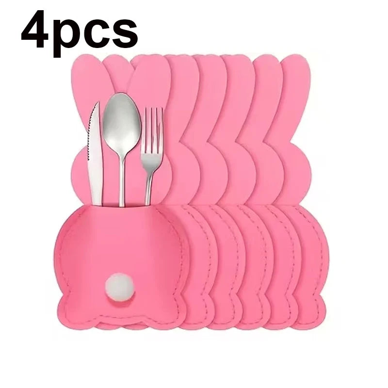 Easter Rabbit Felt Tableware Bags – Cute Cutlery Holder Set Tableware Holder Qme 4pcs Pink 15x8cm
