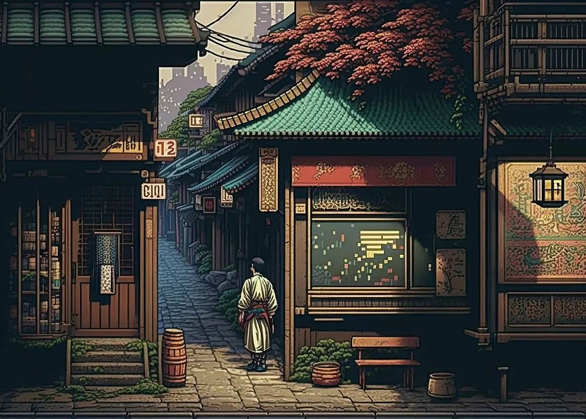 Japan Pixel Street Landscape Canvas Wall Art Print | Home Decor Canvas Wall Art Qst K 50X70cm No Framed