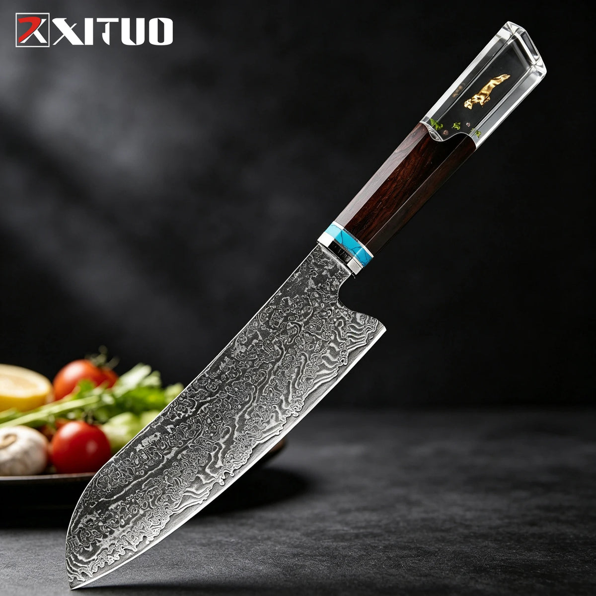 XITUO 6-Piece Damascus Steel Kitchen Knife Set – Resin Handle Kitchen Knife Set Qst Santoku Knife