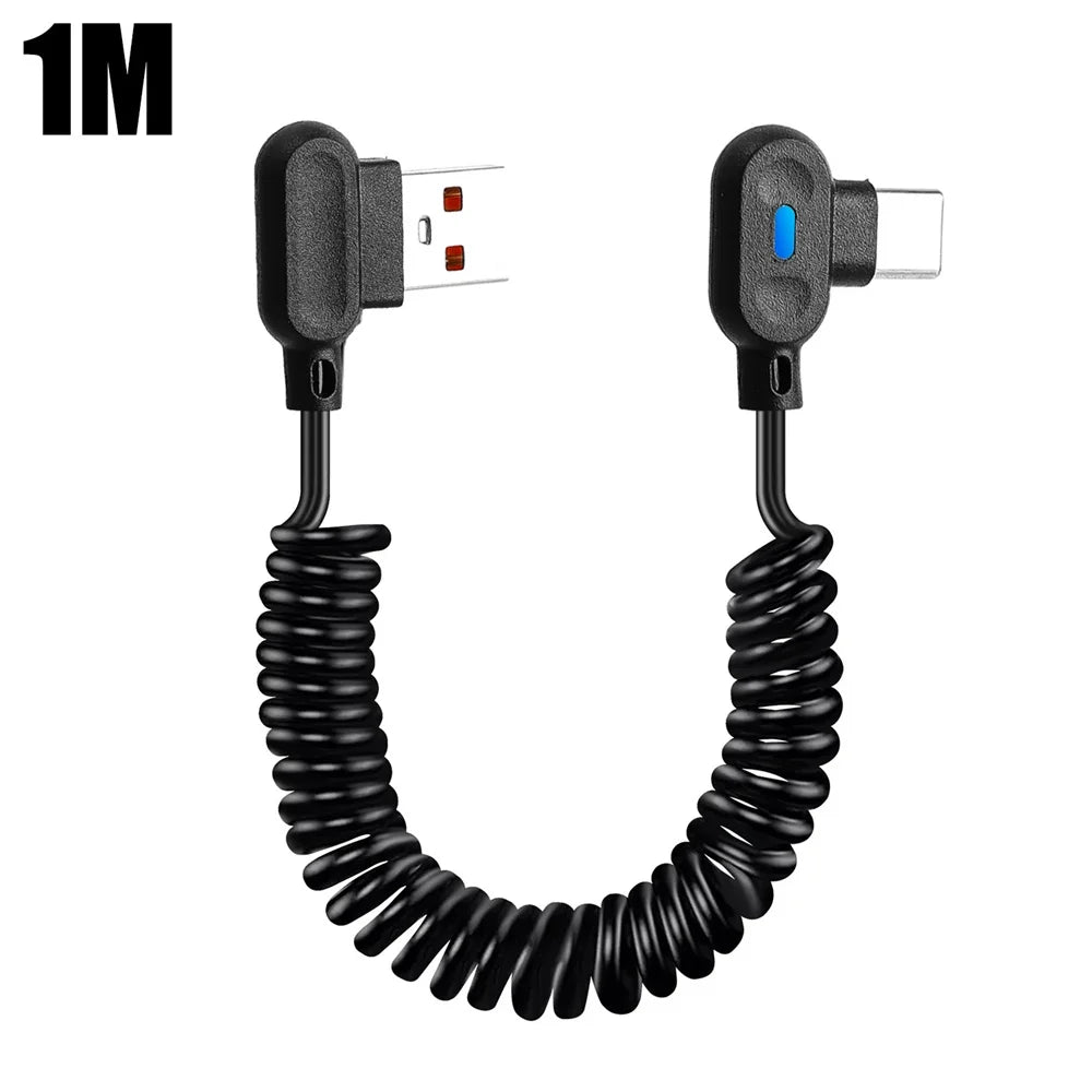 USB-C 90° Elbow Coiled Fast Charging Spring Cable 1m USB-C Charging Cable Qme 1m