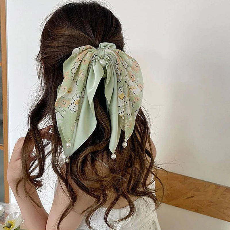 Chiffon Floral Hair Scrunchie – Vintage Ponytail Scarf Tie Hair Scrunchie Qst Green