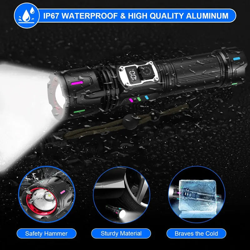 30W Rechargeable Tactical Flashlight – 5 Modes, Zoom, IP67 Tactical Flashlight Qst