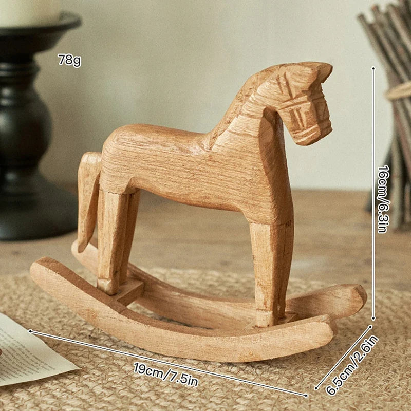 Wooden Rocking Horse Statue – Hand-Carved Figurine Decor Wood Figurine Decor Qme