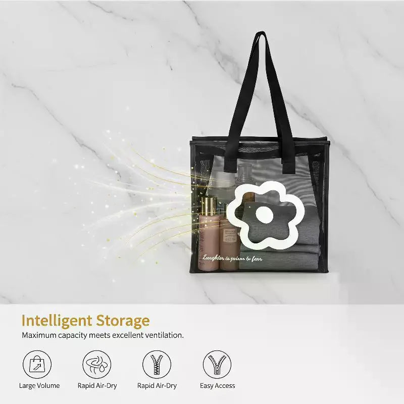 Clear Beach Tote Bag – Zipper Nylon Mesh Flower Print Nylon Mesh Tote Bag Qme