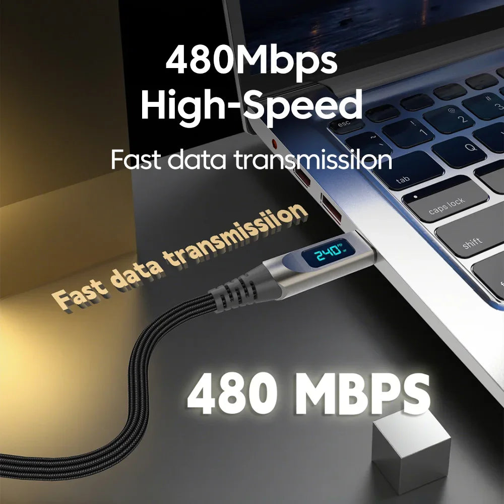 240W USB-C Braided Fast Charging Cable with Digital Display | Qme USB-C Charging Cable Qme