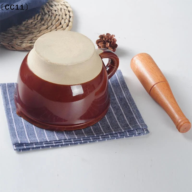 Ceramic Mortar & Pestle Set | Natural Wood Pestle, Non-Slip Base Mortar & Pestle Set Qme