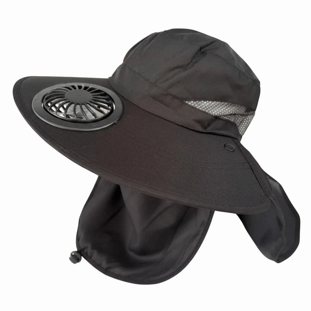 Rechargeable Fan Hat – Wide Brim Sun Hat with Face Cover Rechargeable Fan Hat Qme Black