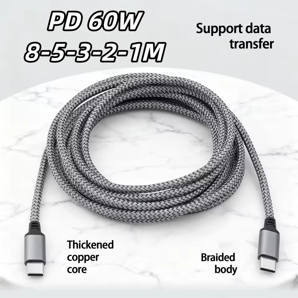 PD 60W USB-C Nylon Braided Fast Charging Cable | Qme USB-C Charging Cable Qme