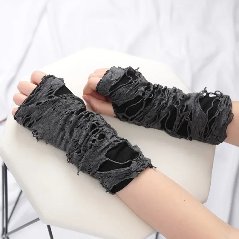 Punk Gothic Black Fingerless Gloves – Ripped Slit Unisex Fingerless Gloves Qme Dark Grey One Size