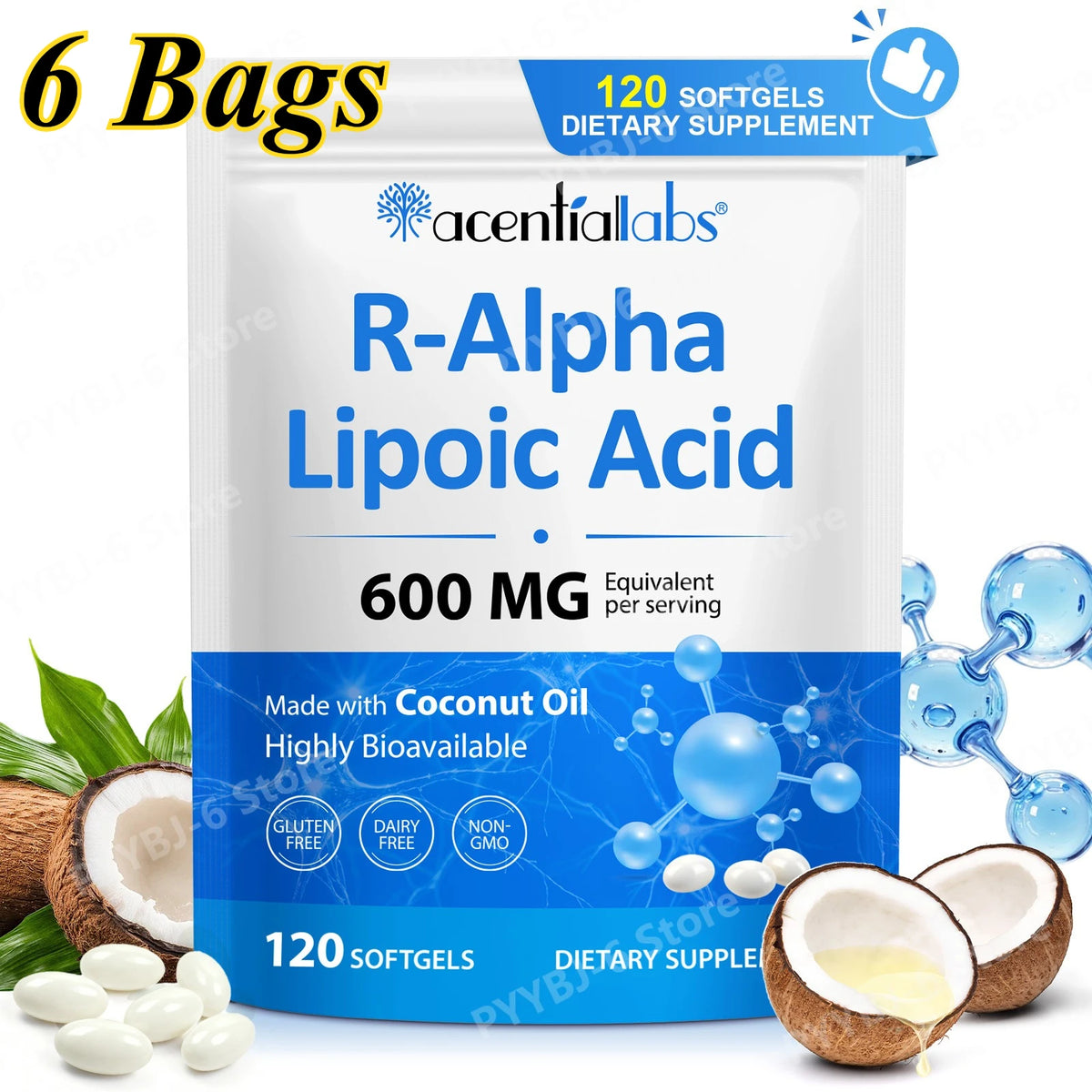 R-Alpha Lipoic Acid Softgels with Coconut Oil – 120 Count Antioxidant Supplement Qst 120 count(pack of 6)