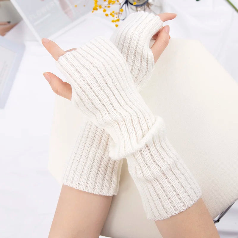 Women's Long Fingerless Gloves Kawaii Knit Arm Warmers Fingerless Arm Warmers Qme WHITE one size