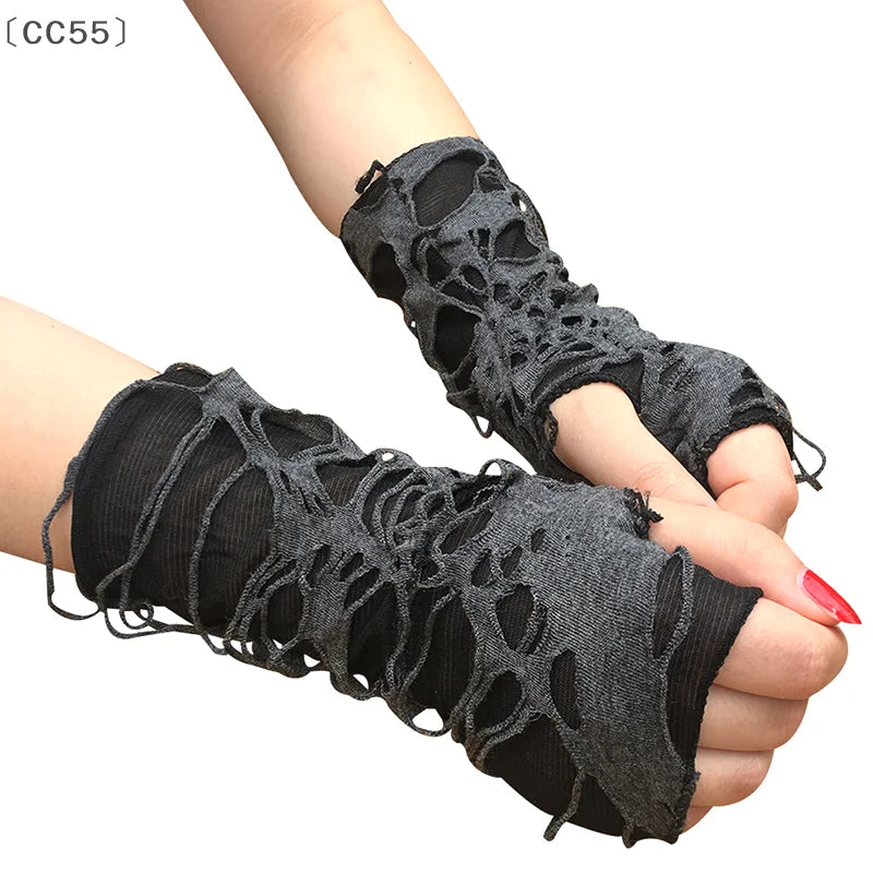 Distressed Black Fingerless Gloves – Gothic Punk Cosplay Fingerless Gloves Qst