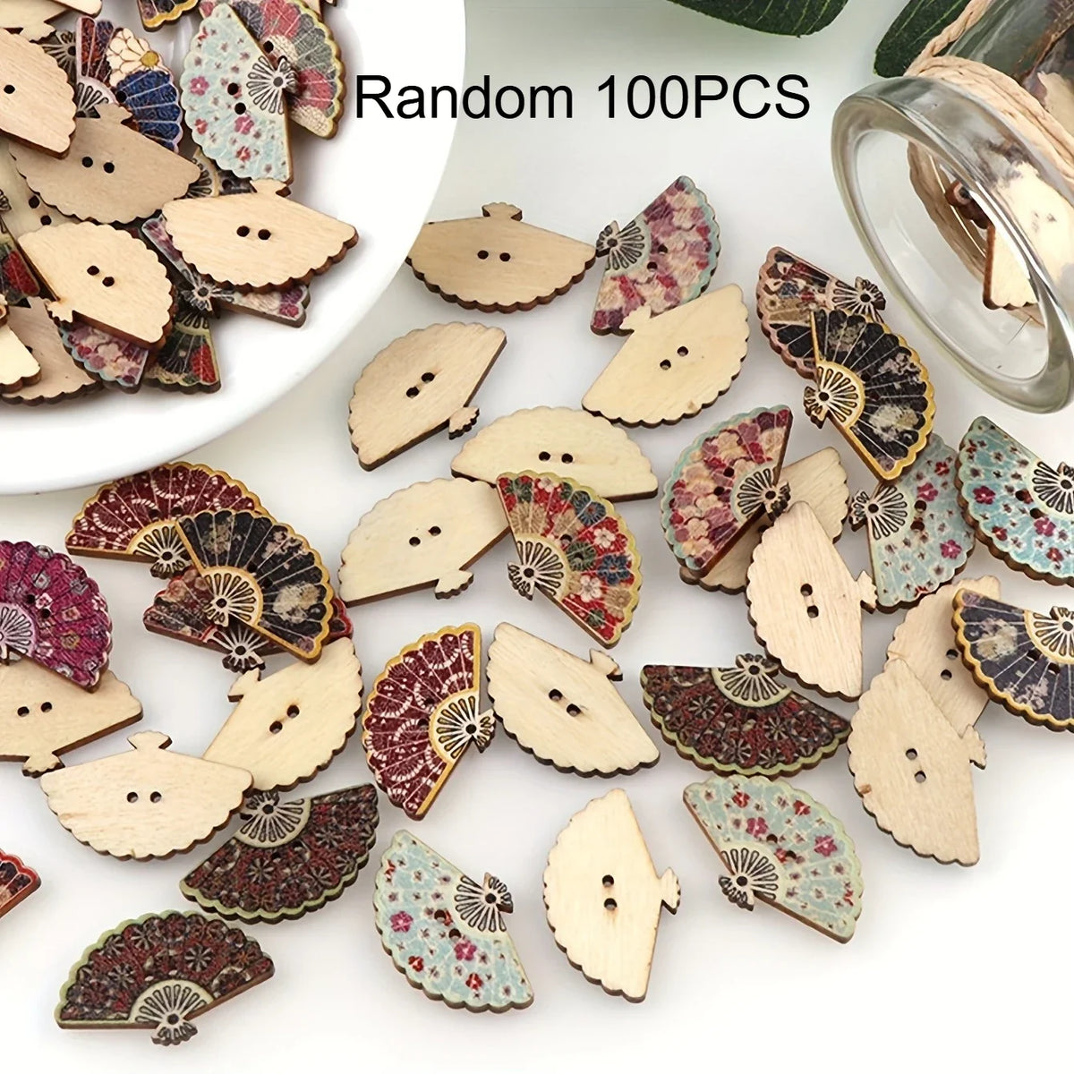 Vintage Fan-Shaped Printed Wooden Buttons | DIY Craft Decor Decorative Wooden Buttons Qme Random 100PCS