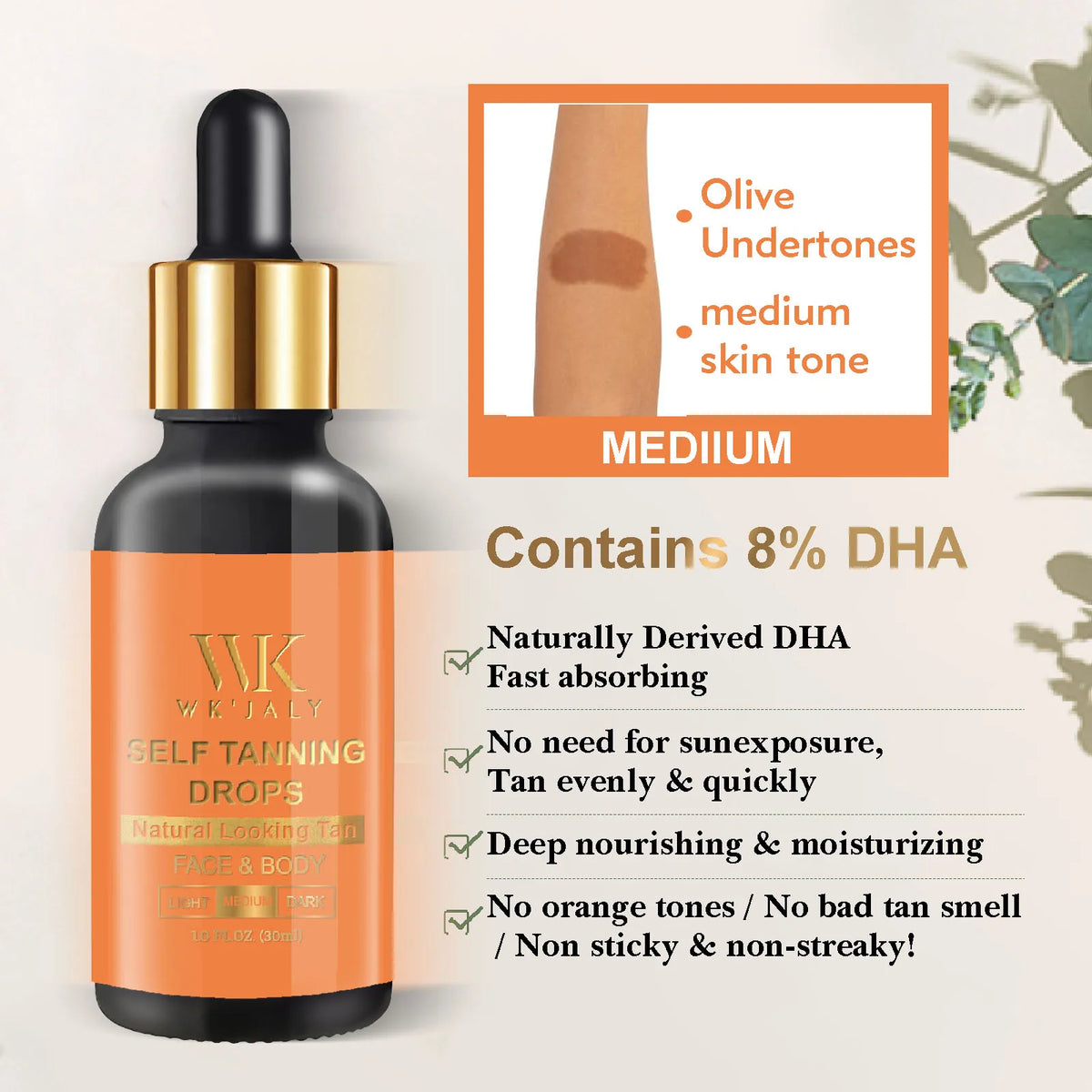 WK'JALY Self-Tanning Drops – DHA & Vitamin E, All Skin Types Self-Tanning Drops Qst Medium Tanning Drops China Mainland