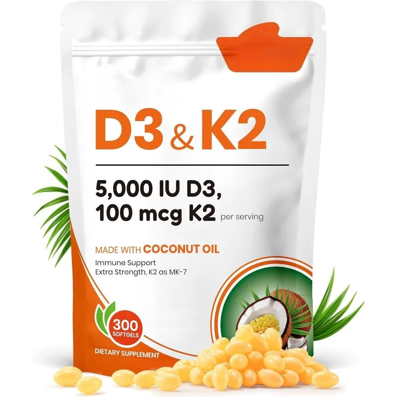 Vitamin D3 K2 Softgels 5000 IU MK-7 with Coconut Oil 300ct Vitamin Supplement Qst 1 bag