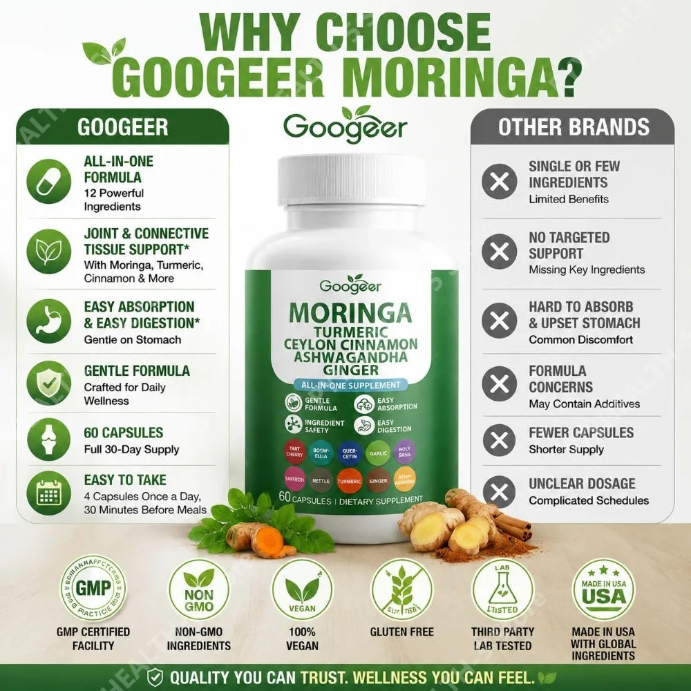 Googeer Moringa Turmeric Capsules w/ Ashwagandha & Ginger 60ct Herbal Supplement Qst