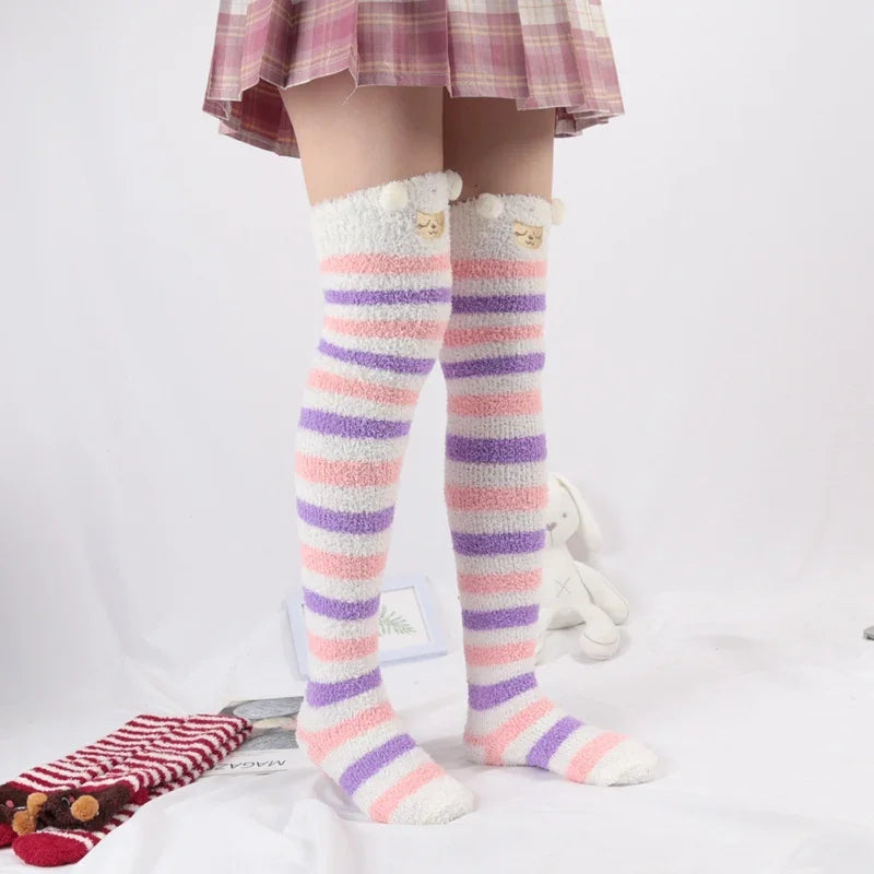 Women's Harajuku Lolita Striped Coral Velvet Long Socks Novelty Long Socks Qme E One Size