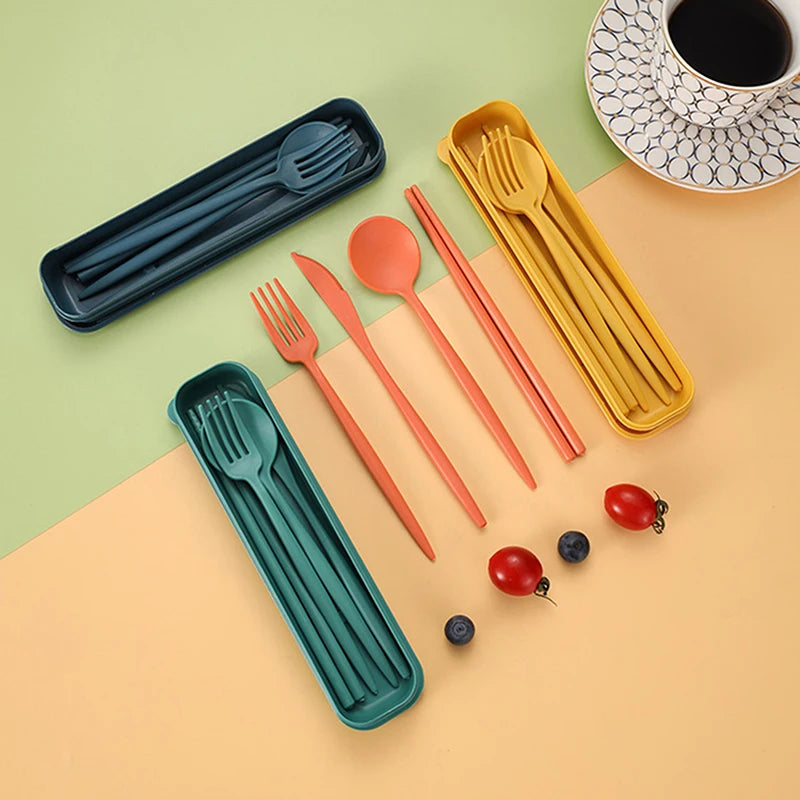 4-Piece Reusable Wheat Straw Cutlery Set with Carry Box Portable Cutlery Set Qst