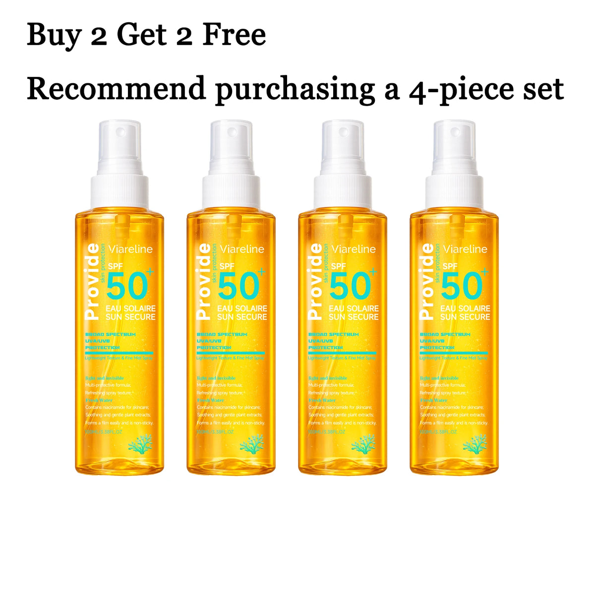 VIARELINE SPF 50 Sunscreen Spray 100ml – Lightweight & Hydrating Sunscreen Spray Qst 4 pcs
