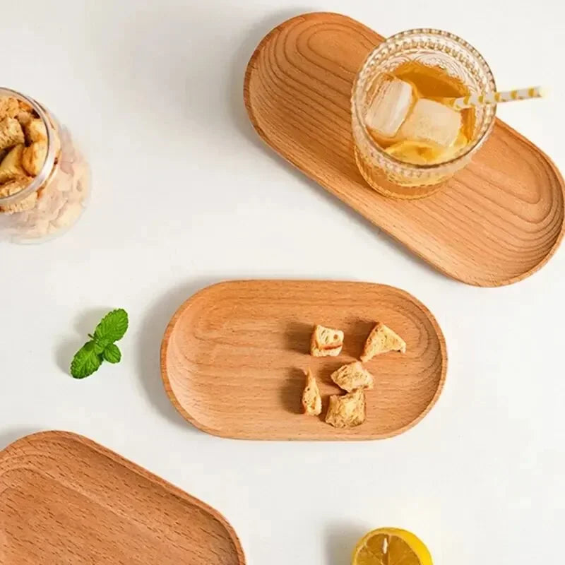 Japanese-Style Solid Beech Wood Oval Dessert Plate & Snack Tray Wooden Serving Tray Qme