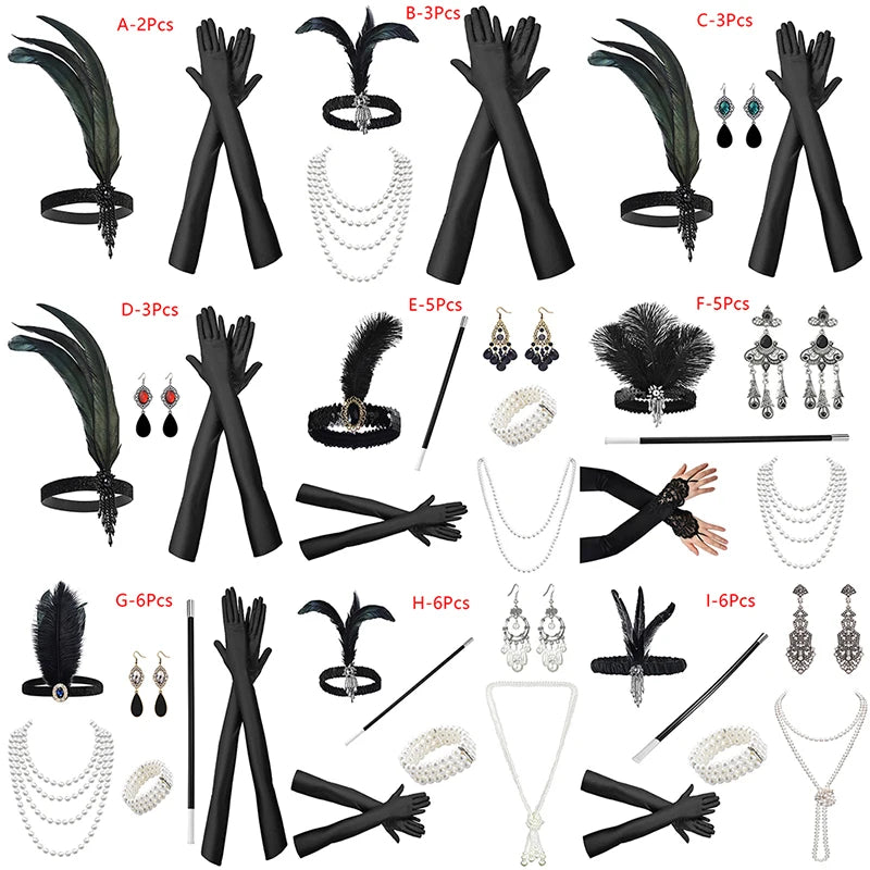 1920s Flapper Costume Set – Headband, Pearl Necklace & Gloves Costume Accessory Set Qst