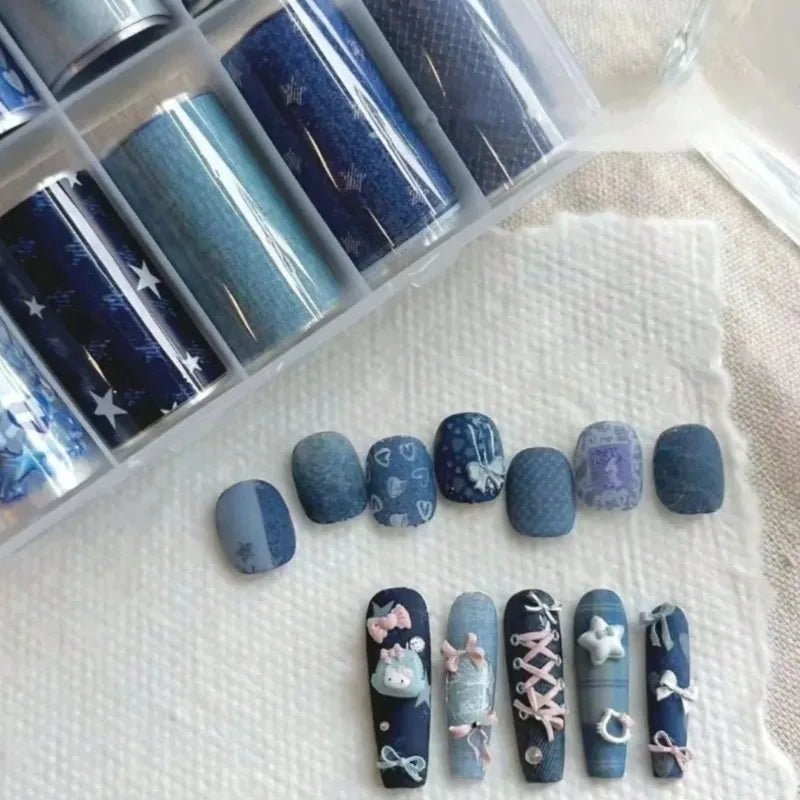 Nail Art Foil Transfer Paper Pink Grid Stamping Stickers Nail Art Stickers Qme Blue denim- 10PCS