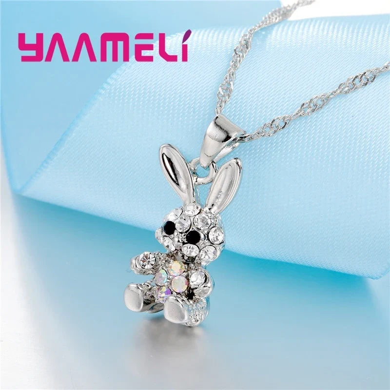 Cute Rabbit 925 Sterling Silver CZ Necklace & Earrings Set Sterling Silver Jewelry Set Qme