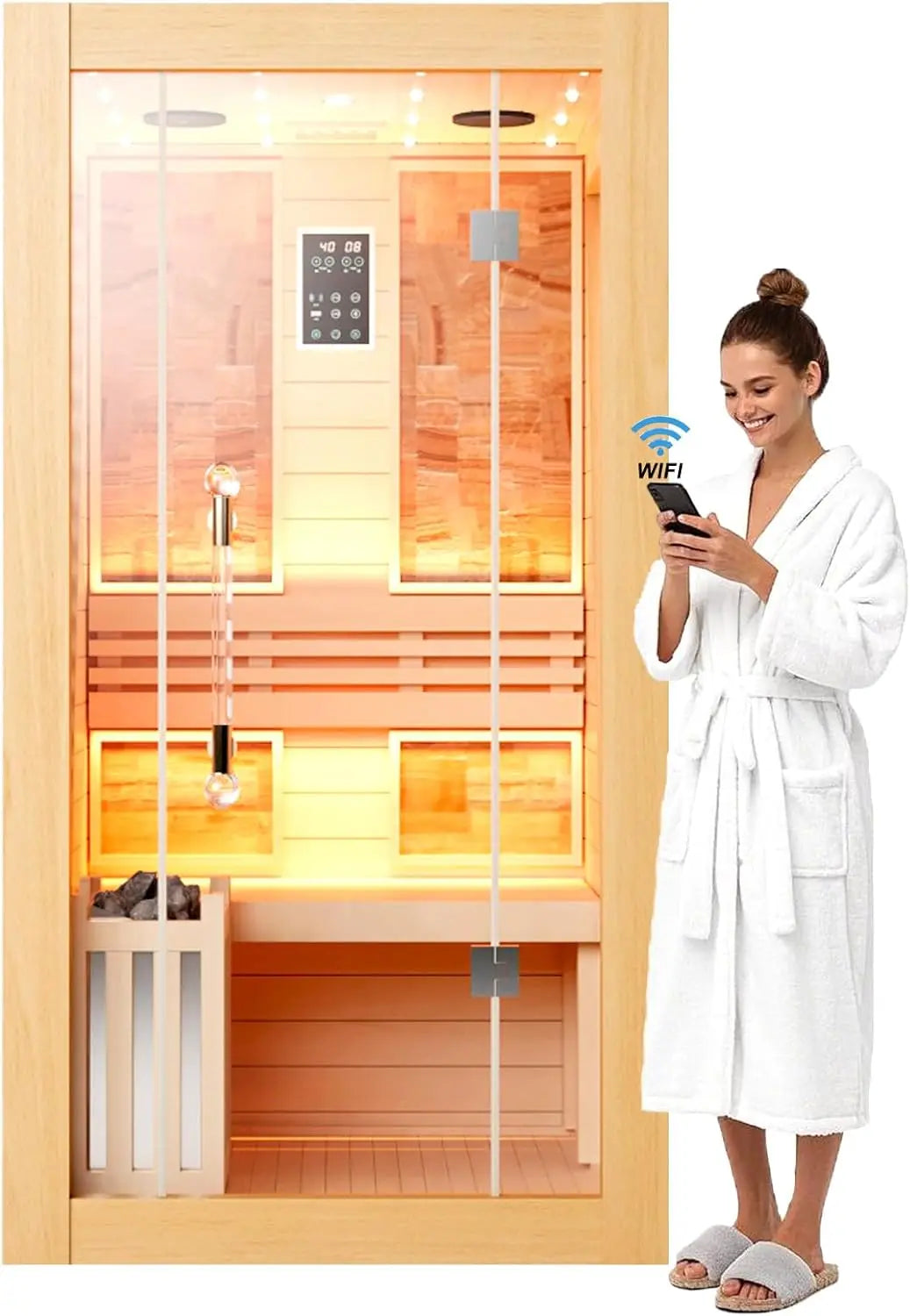 SMARTMAK 1-Person Canadian Hemlock Home Sauna – WiFi, 3.5kW Indoor Home Sauna Qst United States Hemlock