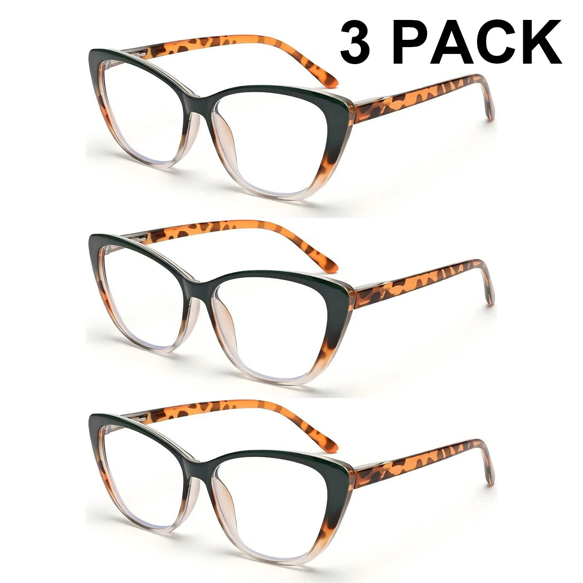 Women's Cat-Eye Reading Glasses Anti-Blue Light 3pc Set Reading Glasses Qst 3pcs-Green +250