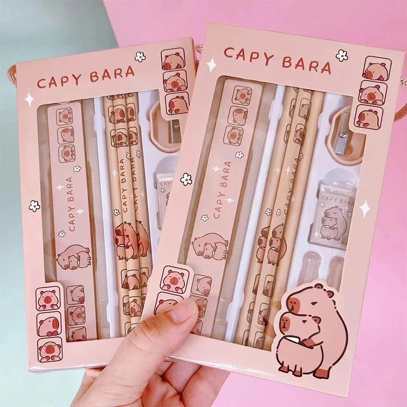 Capybara Cartoon Stationery Set – Pencil, Ruler, Eraser & Sharpener Kids Stationery Set Qme Default Title
