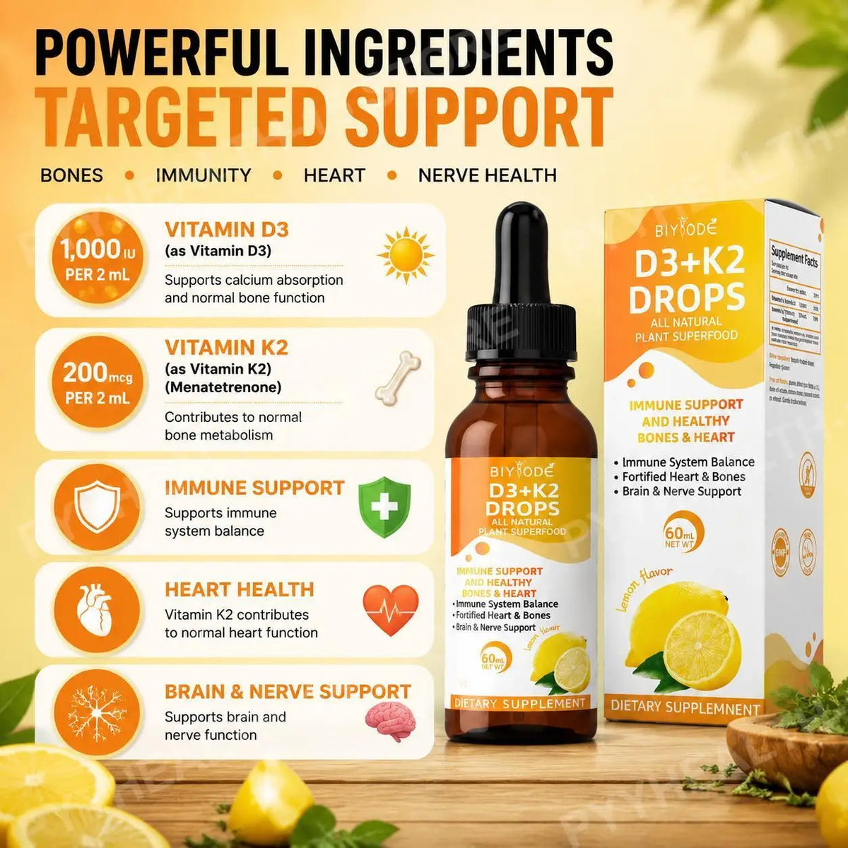 BIYODE Vitamin D3 K2 Liquid Drops 1000 IU Lemon 60ml Vitamin D3 K2 Drops Qst
