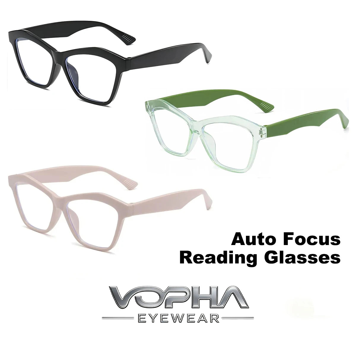 VOPHA Cat Eye Auto Focus Reading Glasses – Clear Lens, +0.5–2.0 Reading Glasses Qst 3 Pack