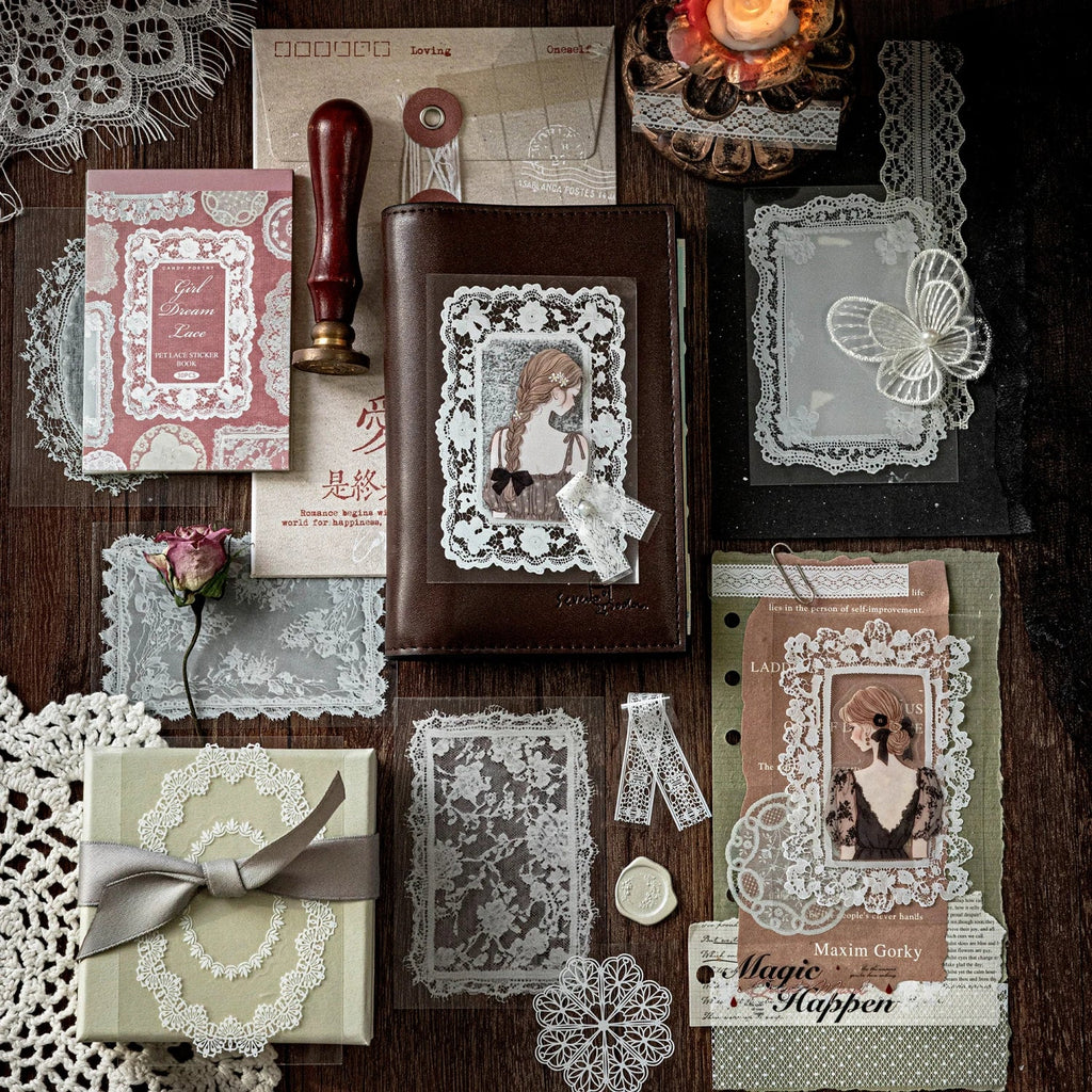 30-Sheet Lace PET Stickers for DIY Scrapbooking & Collage Art Decorative Craft Stickers Qme