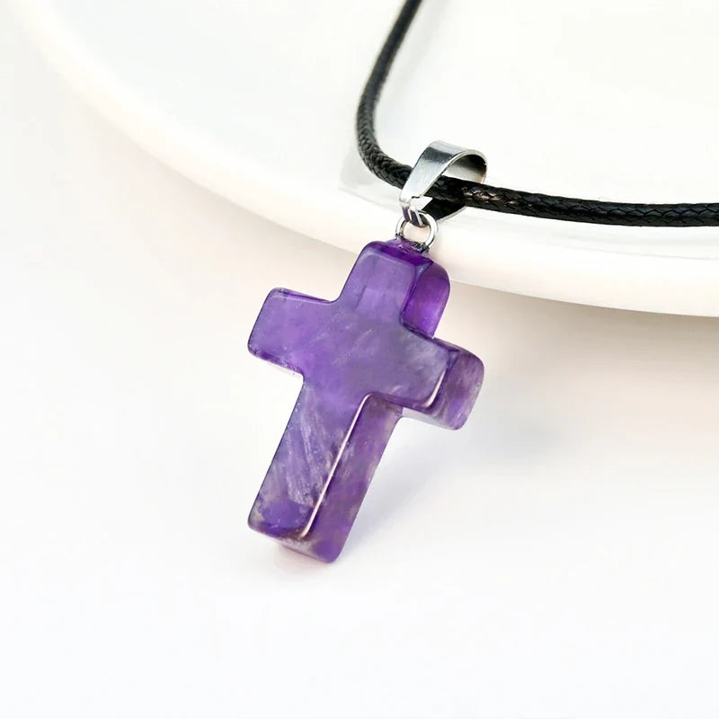 Natural Stone Cross Pendant Necklace | Punk Rock Y2K Style Stone Cross Necklace Qme A3