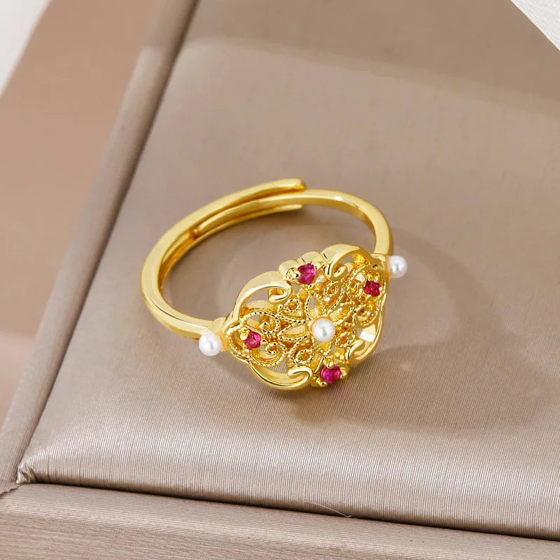 Chinese Retro Palace Adjustable Ring – Elegant Metal Jewelry Adjustable Fashion Ring Qme