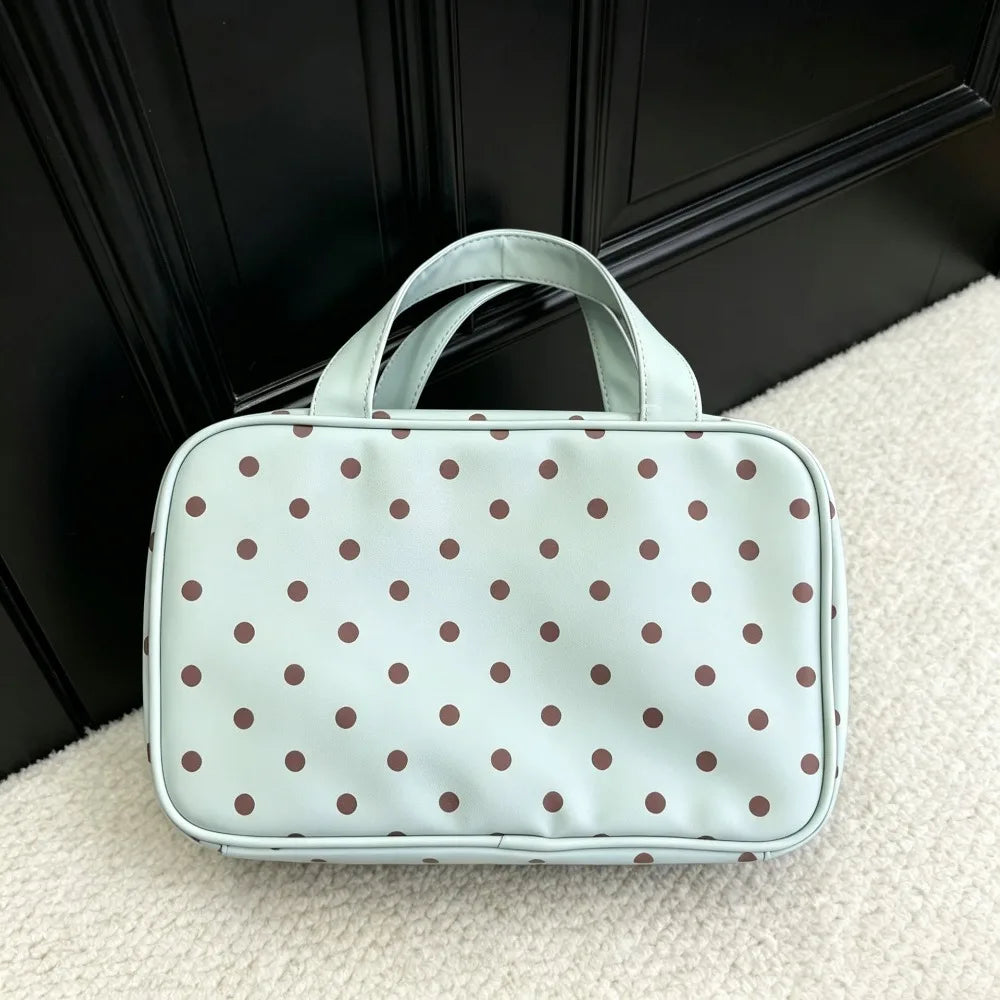 Korean Mint Green Polka Dot PU Leather Makeup Bag – Large Cosmetic Makeup Bag Qme