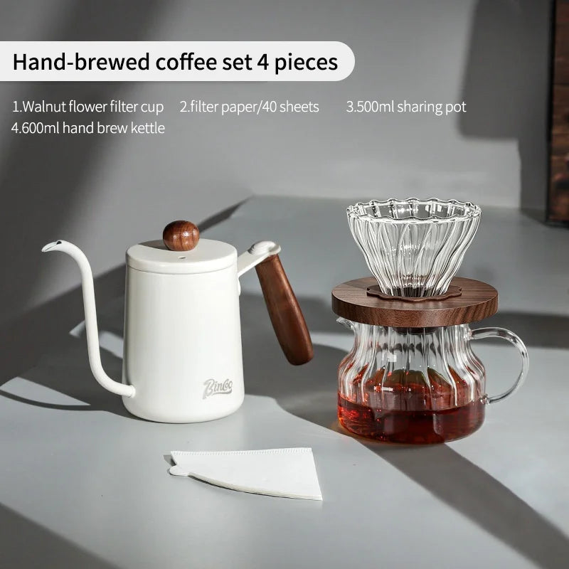 BINCOO Pour Over Coffee Kit – Dripper, Carafe, Kettle & Grinder Pour Over Coffee Set Qst 4 Piiece Se