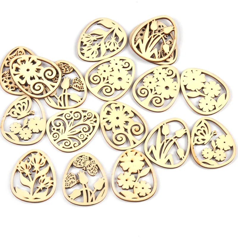 Hollow Flower Wooden Easter Egg Hangings – Mixed 20pcs 50x40mm Wooden Craft Ornaments Qme