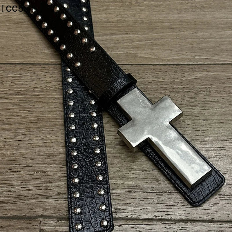 Gothic Punk Crackle Studded Metal Cross Belt for Women Gothic Studded Belt Qst