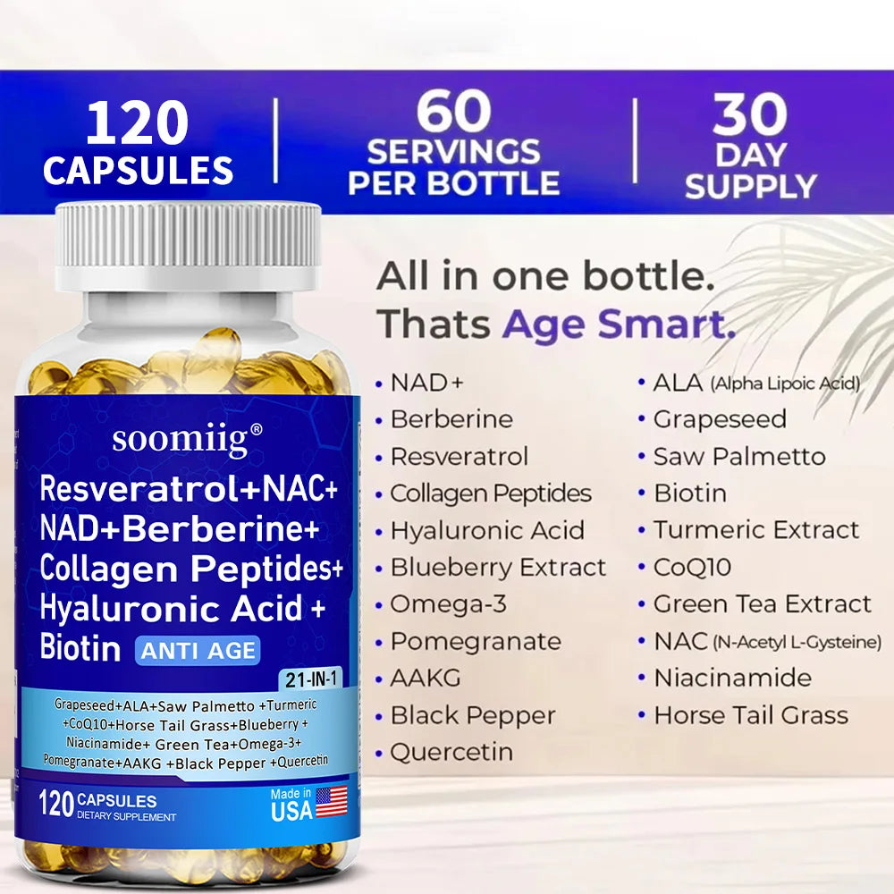 Vitamax 21-in-1 Supplement – NAD+ Collagen Berberine Resveratrol Dietary Supplement Qst