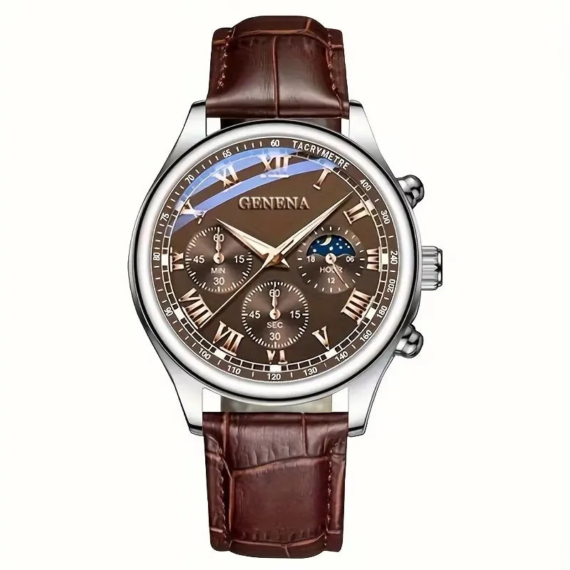 Geneva Men's Quartz Watch – Leather Strap, Large Dial, Bronze Men's Quartz Watch Qme Bronze