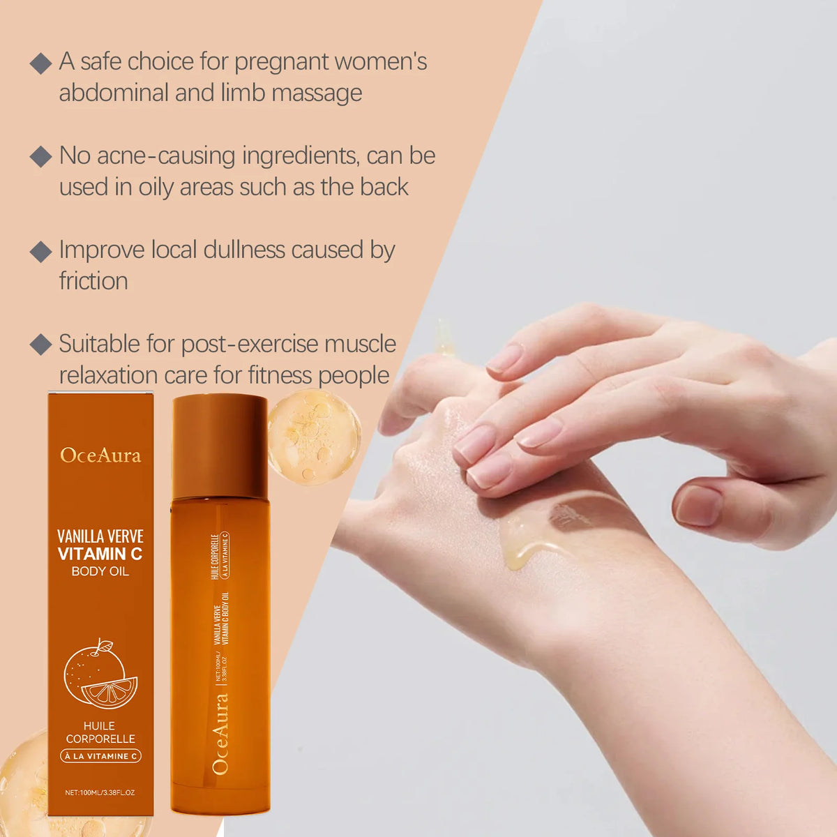 OceAura Vitamin C Body Oil 100ml – Deep Moisturizing Glow Body Essence Oil Qst